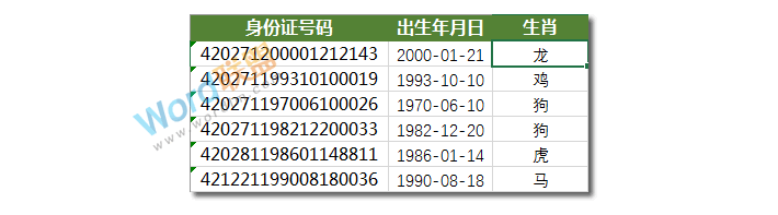 Excel身份证号码计算生成出生肖和星座：Excel函数不求人